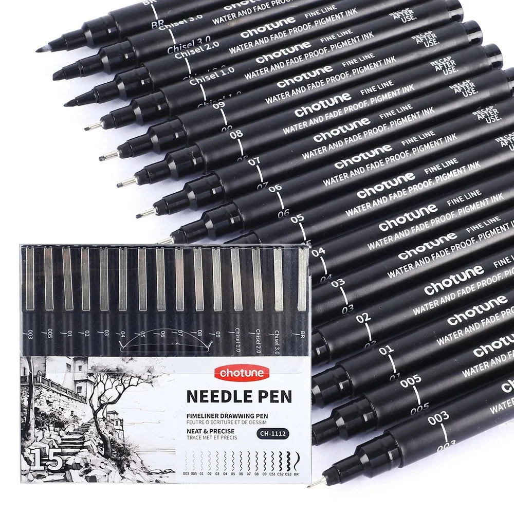 Correction Pen Fine - Siyah Mikro Kalemler, 15 Boyut, Su